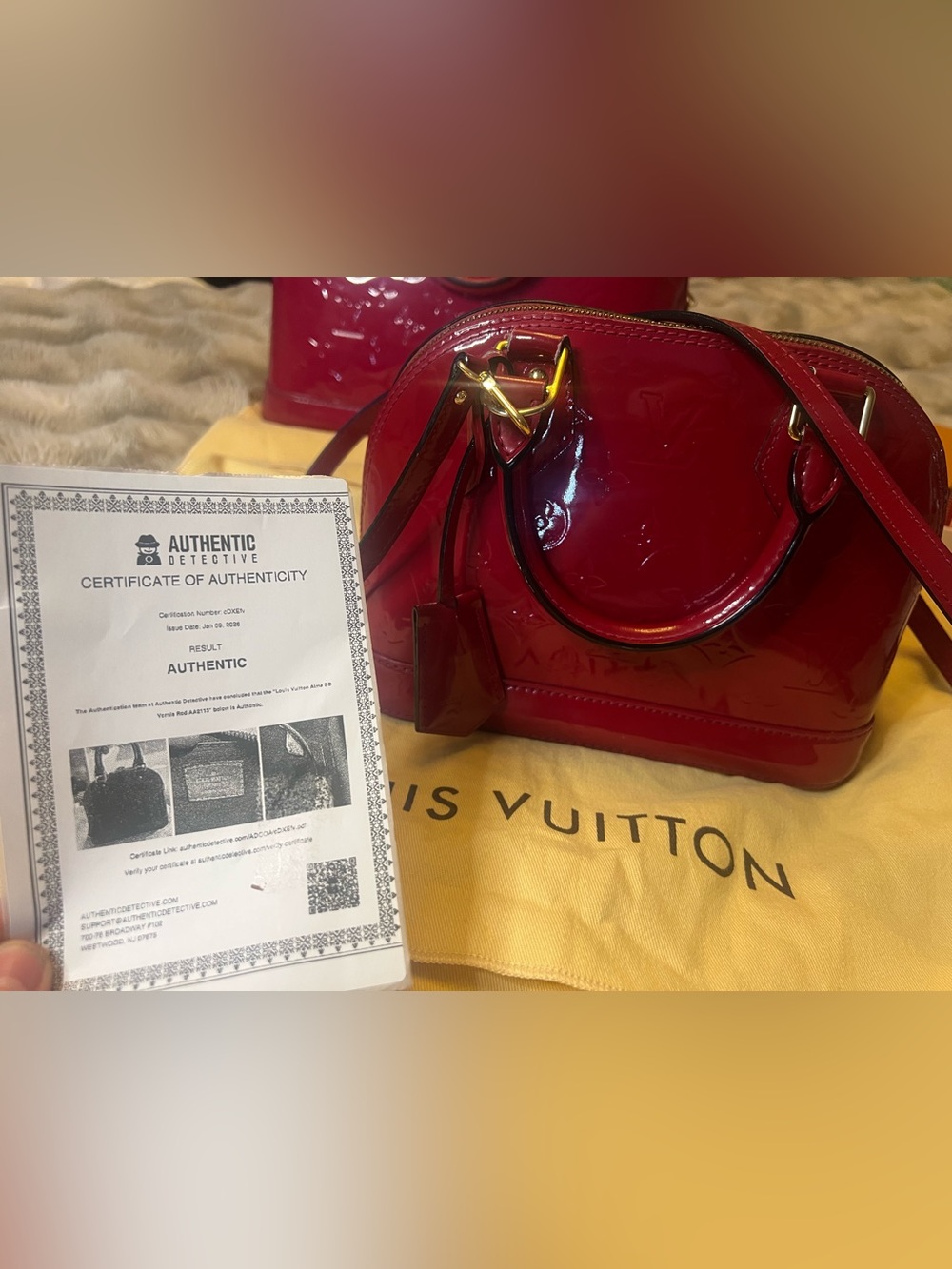 Louis Vuitton Alma BB bag in red Monogram Vernis patent leather (MSRP $2,230)